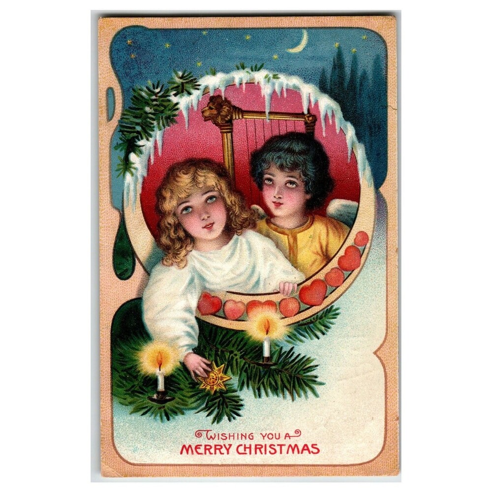 Vintage Christmas Postcard Angels Cherubs Lyre Candles Embossed Lit Candles
